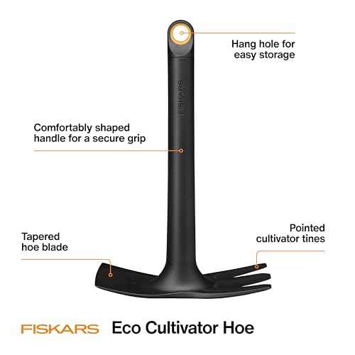 Fiskars Eco Cultivator Hoe with Dual-Function Design, Tapered Blade, Cultivator Tines, Ergonomic Handle, and UV-Resistant Build for Soil Care