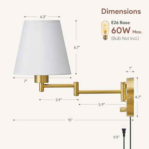 VONLUCE Wall Sconce Set of 2, Plug in & Hardwired Swing Arm Wall Lamps, Adjustable Wall Mounted Lighting Fixtures, Modern Wall Lights with Golden Base White Fabric Shade for Bedside, Hallway, Study
