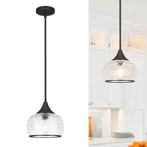 Black Pendant Light - Modern Pendant Lights Kitchen Island with Handblown Glass, Vintage Hanging Light for Kitchen with Adjustable Height, Lithging Fixture for Dining Room Sink