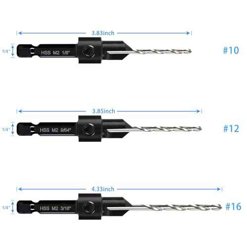 3-pc Countersink Drill Bit Set #10#12#16, 3in1 Woodworking Counterbore Hole Saw Drill Bits, Depth Adjustable M2 Pilot Drill Bits, 82-Degree Chamfer, 1/4¡± Hex Shank, with 1 Allen Wrench
