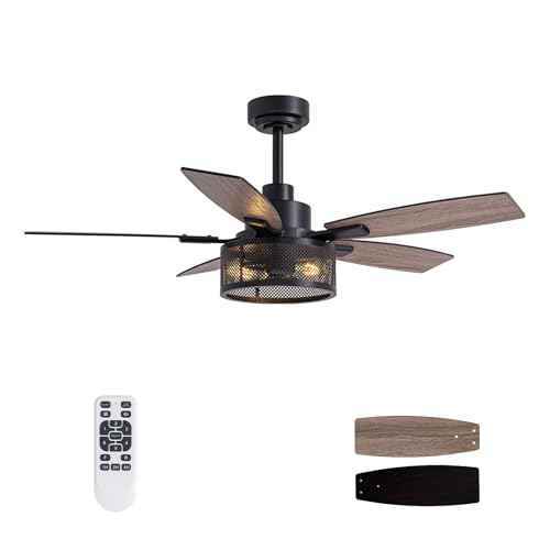 46 Inch Ceiling Fans with Lights and Remote Control, Farmhouse Ceiling Fan for Bedroom Living Room and Patio, Black Caged Ceiling Fan for Indoor and Outdoor
