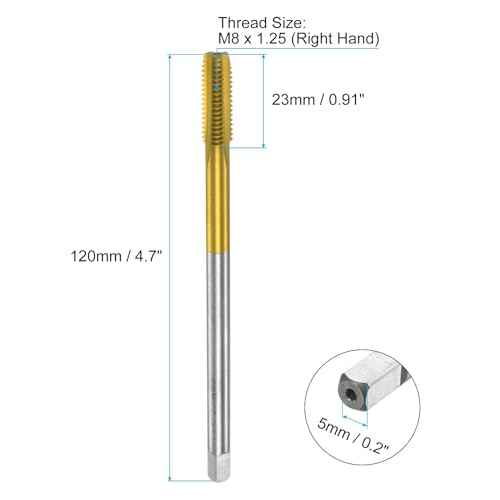 uxcell Metric Thread Tap M8 x 1.25 H2 120mm Extra Long Titanium Coated High Speed Steel 6542 Straight Flute Screw Thread Milling Machine Taps Threading Tapping Repair Tool