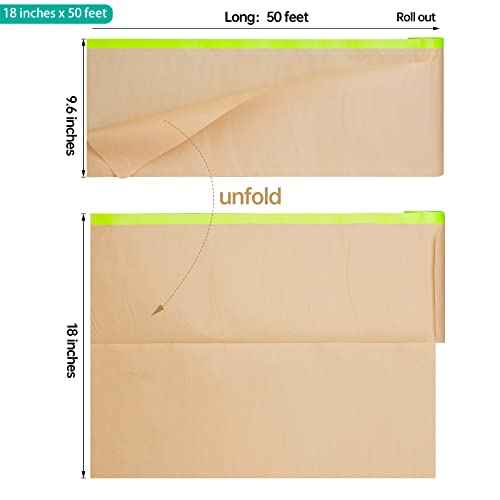 Pre-Taped Masking Paper for Painting - 18 inch x 50 feet Tape and Drape Painters Paper, Paint Adhesive Protective Paper Roll for Covering Skirting, Frames, Cars and Auto Body (12 Rolls)