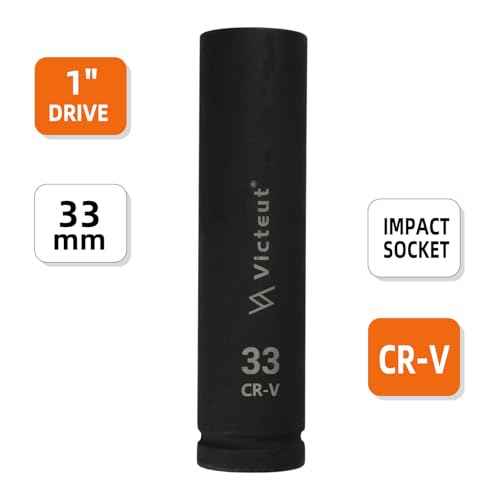 1-Inch Drive 33mm Extra Deep Impact Socket, 8-Inch (200mm) Long, 6-Point Truck & Trailer & Tractor Wheel Nut Socket, Heat Treated Cr-V Alloy Steel, One-Piece Forged, No Torque Loss