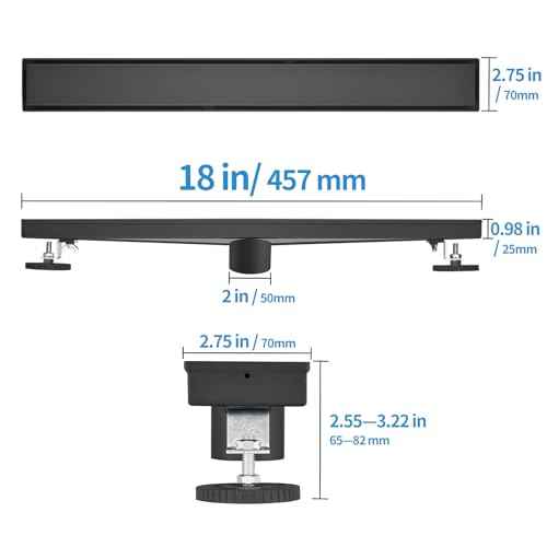 Linear Shower Drain £¬with Tile Insert Panels £¬18 Inch Black 304 Stainless Steel Rectangle Shower Floor Drain£¬with Hair Catcher, Adjustable Feet£¬Fits Bathroom, Balcony