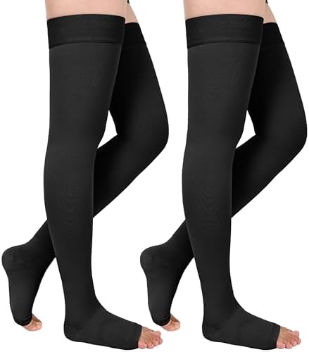 GODORIO 2Pairs 20-30mmHg Thigh High Compression Stockings, Thigh High Compression Socks for Women, Medical Compression Stockings for Varicose Veins, Swelling, Pregnant, Teacher, Doctor