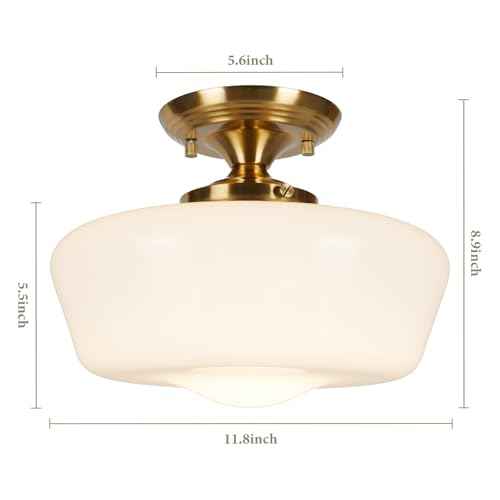 Schoolhouse Style Semi Flush Mount Ceiling Light Fixture, 12" Modern Gold Hallway Ceiling Lamp with Opal Milk Glass Shade Brass, Farmhouse Globe Light for Bedroom Kitchen Hallway Entryway Laundry