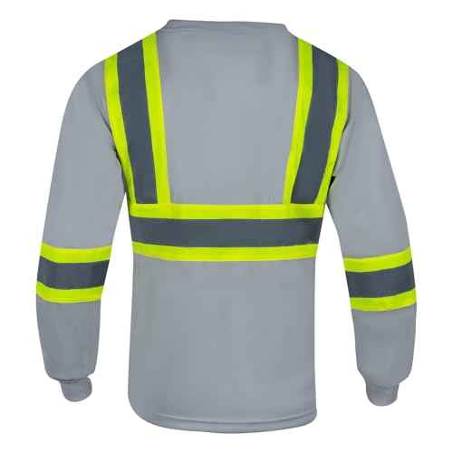 VENDACE Men's High Vis Safety Work T Shirt ANSI Class 1 Reflective Long Sleeve Shirt with Pocket(Grey,L)