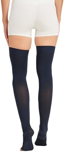 MGANG Medical Thigh High Compression Stockings for Men & Women, Pair, Open Toe, 15-20 mmHg Graduated Compression Support Hose, Opaque, Best for Varicose Veins, Edema, Flight, Swelling, Navy Blue 2XL