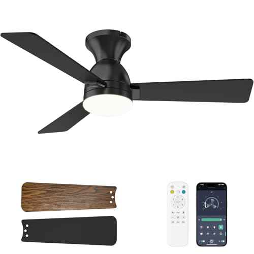 Ceiling Fans with Lights and Remote, 42 Inch Ceiling Fan with Light, Low Profile, Reversible, Dimmable LED, Flush Mount, Quiet, DC Motor, Black Ceiling Fan for Bedroom, Kitchen, Dining Room