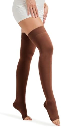 MGANG Medical Thigh High Compression Stockings for Men & Women, Pair, Open Toe, 15-20 mmHg Graduated Compression Support Hose, Opaque, Best for Varicose Veins, Edema, Flight, DVT, Swelling, Brown L