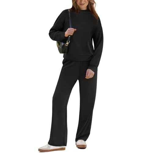 WIHOLL Two Piece Sets for Women Fall Outfits Lounge Sets Mock Neck Tops Wide Leg Pants Vacation Travel Airport Outfits