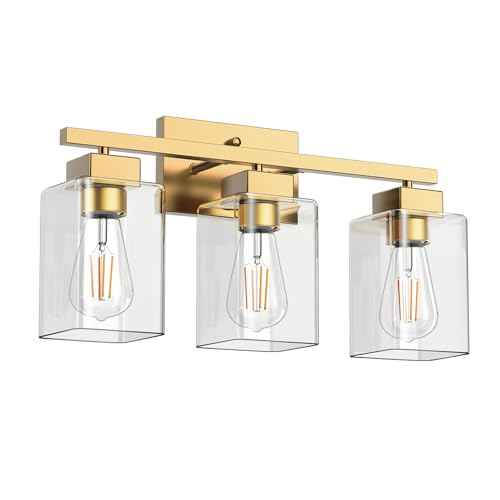 PARTPHONER 3-Light Bathroom Light Fixtures, Brushed Gold Modern Vanity Lights, Bathroom Lighting Fixtures Over Mirror, Square Design Farmhouse Wall Sconces with Clear Glass Shades