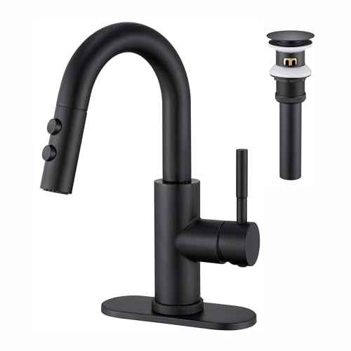 Bathroom Sink Faucet with Pull Down Sprayer, Matte Black Single Handle Pull Out Faucet with Pop-Up Drain, 1 or 3 Hole Laundry Bar Basin Faucet with Deck Plate, KBL-7002B-CL2