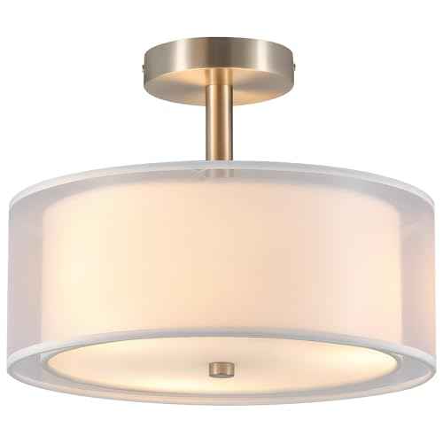 VONLUCE Semi Flush Mount Ceiling Light, 13'' Ceiling Light Fixture with 2-Layer Fabric Shade, 3-Light Modern Drum Light Fixture for Bedroom Living Room Entryway Hallway, White Shade & Nickel Finish