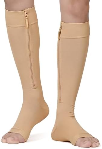 NURCOM Copper Compression Socks Open Toe Knee High Stockings, 20-30 mmHg Graduated Zipper Compression Socks for Varicose Veins, Venous Insufficiency, Lymphedema, Swelling, Unisex, Beige X-Large