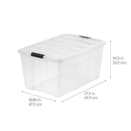 IRIS USA 94 Qt Stackable Plastic Storage Bins with Lids, 2 Pack - BPA-Free, Made in USA - See-Through Organizing Solution, Latches, Durable Nestable Containers, Secure Pull Handle - Clear
