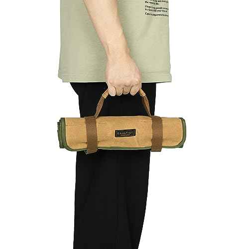 Canvas Tool Roll, Portable Roll Up Tool Pouch - 16OZ Waxed Canvas Wrench Organization | with 12 Slots & Elastic Band & 1 Zippered Pocket | for Pliers Chisels Spanners Screwdrivers
