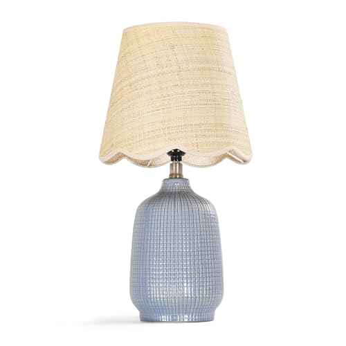Pia Ricco 19" Modern Ceramic Table Lamp for Living Room Gray Bule Base Desk Lamps for Bedroom Farmhouse Bedside Nightstand Lamp End Table Lamps,Bule,Rattan Shade
