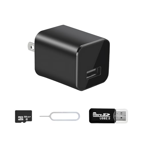 Charger Camera - 1080P Small Camera with Motion Detection - Nanny Cam for Home Indoor Security - 64GB Micro SD Card Included-No WiFi