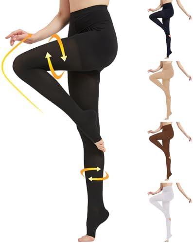 MGANG Medical Compression Pantyhose for Women & Men, 15-20mmHg Graduated Compression Support Tights, Open Toe, Opaque Waist High Compression Stockings for Edema, Varicose Veins, Flight, DVT, Black S