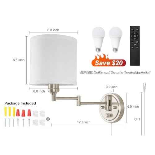 Plug in Wall Sconces with Remote Control, Dimming & Adjustable Colors 2700K-6500K, Hardwire or Plug-in, Swing Arm Wall Lamp with White Fabric Shade, Wall Sconces Set of Two, Brushed Nickel Finish