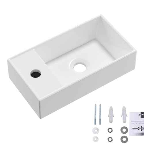 Wall Mount Bathroom Sink, QISHKA 16" x 8.5" Modern Ceramic Rectangular Floating Sink, White Rectangle Wall Hung Wash Basin Vessel Sink, Save Space for Bathrooms (Left Hand)