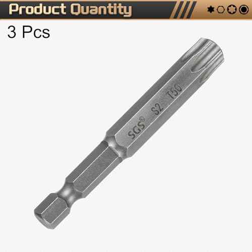 HARFINGTON 3pcs T50 Torx Head Screwdriver Bit 1/4" Hex Shank 2.6" (65mm) Long Magnetic No Hole Tip Tamper Proof 6 Point Star Screw Driver Drill Bits S2 Steel Industrial Power Screwdrivers