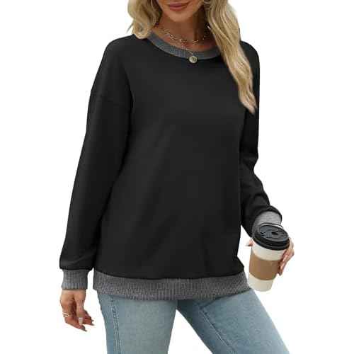 Saloogoe Sweatshirts for Women Crewneck Long Sleeve Loose Fit Tops Color Block Ribbed Trim Fashion 2025