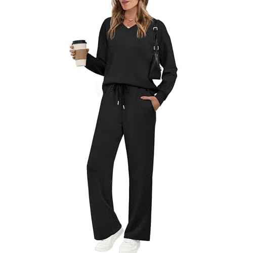 WIHOLL Lounge Sets for Women 2025 V Neck 2 Piece Outfits Airport Wide Leg Pants Matching Set Sweatsuits