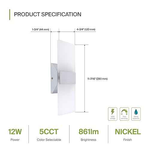 ASD 12 Inch LED Indoor Wall Sconce - Modern Interior 12W 2700K-5000K Adjustable Dimmable Wall Mounted Light Fixtures, Acrylic Glass Wall Lights for Stairway, Hallway - UL, Brushed Nickel, 2 Pack