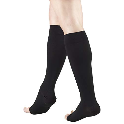 Truform 20-30 mmHg Compression Microfiber Stockings for Men and Women, Knee High Length, Open Toe, Black, Large
