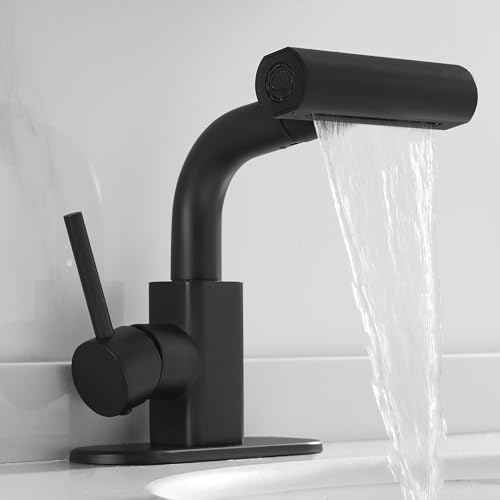 RUMOSE Matte Black Bathroom Faucets with 4 Mode Pull Down Sprayer Single Handle Waterfall 360¡ÆRotatable Bath Sink Faucet with Pop Up Drain 1 or 3 Hole Pull Out Bar Vanity Faucet with Deck Plate