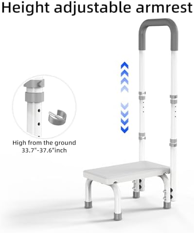 Height Adjustable Step Stool with Handle and Non-Skid Platform, Lightweight & Sturdy Standing Aid Support for Elderly, Seniors, Ideal for Bedside, Bathtub & Car Use, Holds up to 440 lbs (White)