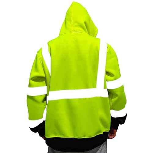 Hi Vis Hoodie for Men Zip up Reflective Sweatshirt Class 3 High Visibility Hoodie Safety Sweater with Black Bottom, Yellow, 4XL