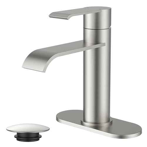 FORIOUS Brushed Nickel Bathroom Faucets, Modern Waterfall Bathroom for 1 or 3 Hole, Single Handle Faucets with Metal Pop Up Drain and 24" Supply Hoses