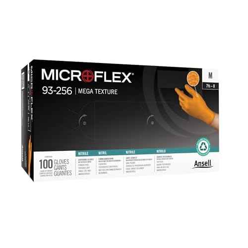Ansell Microflex 93-256 Mega Texture Grip Extra Durable Nitrile Disposable Gloves, 6.3 mil - XL (9.5-10.0), Orange (Box of 100)