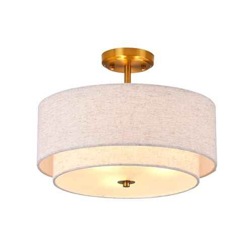 3-Light Semi Flush Mount Ceiling Light Fixture, 16" Gold Drum Light Fixture, Modern Close to Ceiling Light with 2-Laye Fabric Shade Lamps for Bedroom Living Dining Room Hallway Entryway Foyer