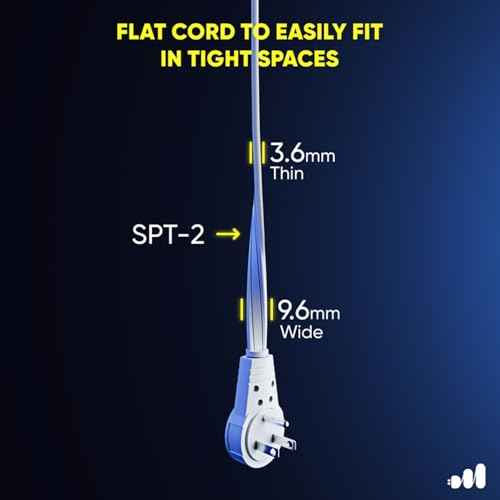 Maximm 360 Rotating Flat Plug Extension - 50ft Flat Cord, Slim Space-Saving Design (White)