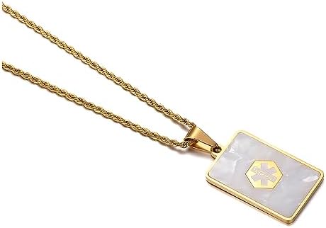 Medical Alert Necklace for Women Shell & Gold-Tone Stainless Steel Emergency ID Tag Pendant Necklace for Girls Custom Engraved Medical Alert Jewelry