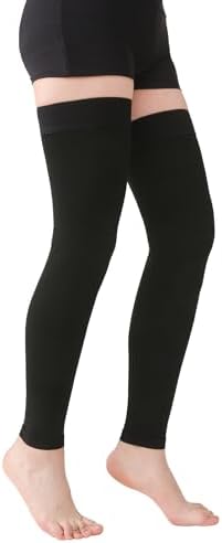 MGANG 15-20 mmHg Compression Stockings for Women & Men, Thigh High Medical Footless Graduated Compression Sleeves with Silicone Dot Band, for Varicose Veins, Edema, Travel, Flight, Pregnant, Black S