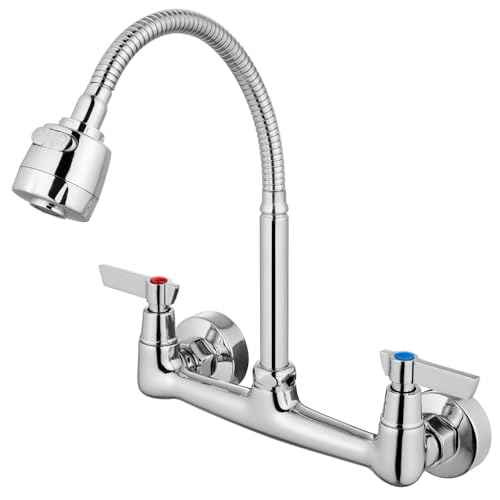 Airuida Chrome Polish Wall Mount Kitchen Sink Faucet 8 Inch Center Unility Faucet Wall Mounted Double Lever Handles Commercial Faucet with 360 Degree Rotation Sprayer Brass Valve Body Mixer Tap