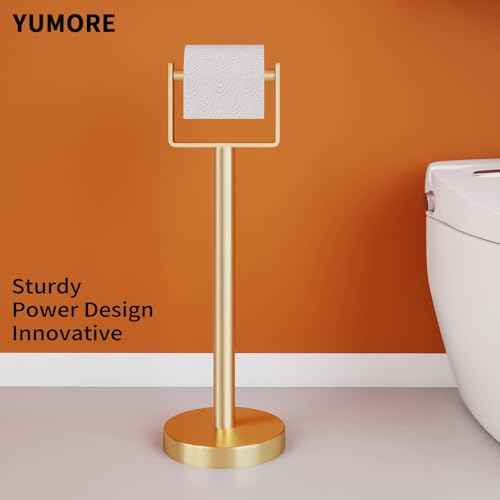 YUMORE Toilet Paper Holder Free Standing, Stainless Steel Toilet Paper Stand, Weighted Base Floor Tissue Roll Holder for Bathroom,Gold 200UP