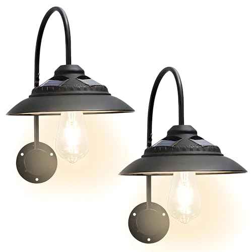 Goodeco Solar Barn Lights for Outside - 2 Pack Outdoor Lights with Motion Sensor, 4 High Efficiency Solar Panels, Warm White Edison LED Bulb for Chicken Coop, Porch, Barn, Shed, Garden (Black)