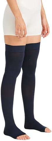 MGANG Medical Thigh High Compression Stockings for Men & Women, Pair, Open Toe, 15-20 mmHg Graduated Compression Support Hose, Opaque, Best for Varicose Veins, Edema, Flight, Swelling, Navy Blue XL