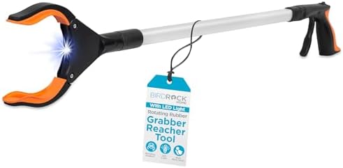 BirdRock Home Grabber Pick Up Tool with LED Light | 32 inch | Light Weight Aluminum Design | Reaching Aid | Articulating Rubber Head | Rubber Grip
