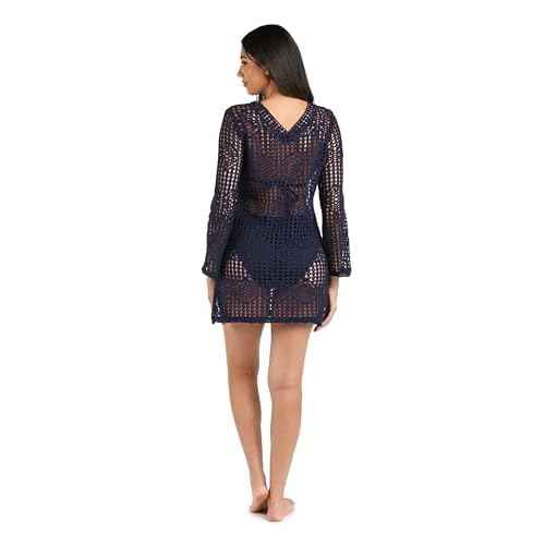 La Blanca Women's Long Sleeve Mini Dress Swimsuit Cover Up, Indigo//Waverly Covers, Large