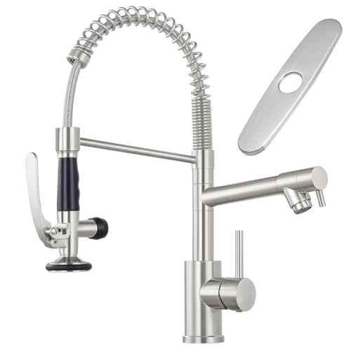 Commercial Kitchen Faucet with Pull Down Sprayer, Stainless Steel Kitchen Sink Faucet with Deck Plate, Single Handle Spring Kitchen Faucets (Brush Nickel)