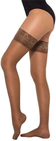 Healthweir Sheer Compression Thigh High Stockings for Women 15–20 mmHg – Medical Support Hose with Lace Silicone Band, Closed Toe – Varicose Veins, Maternity, Travel, Anti-Embolism (2, Camel)
