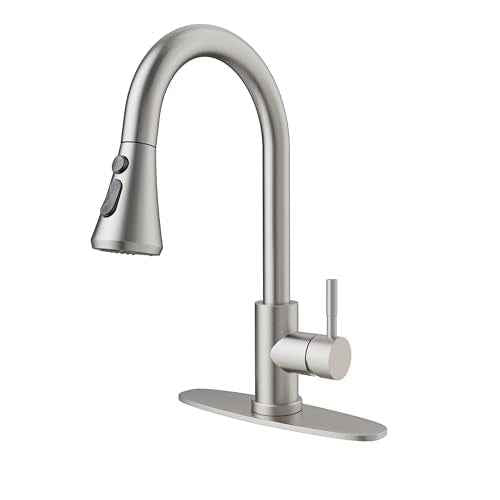 VXV Kitchen Faucets, Brushed Nickel Kitchen Faucet with Pull-Down Sprayer, Stainless Steel Sink Faucet for Farmhouse, RV, and Bar, Pull Out Kitchen Faucet with Deck Plate and 1/2'' Adapters